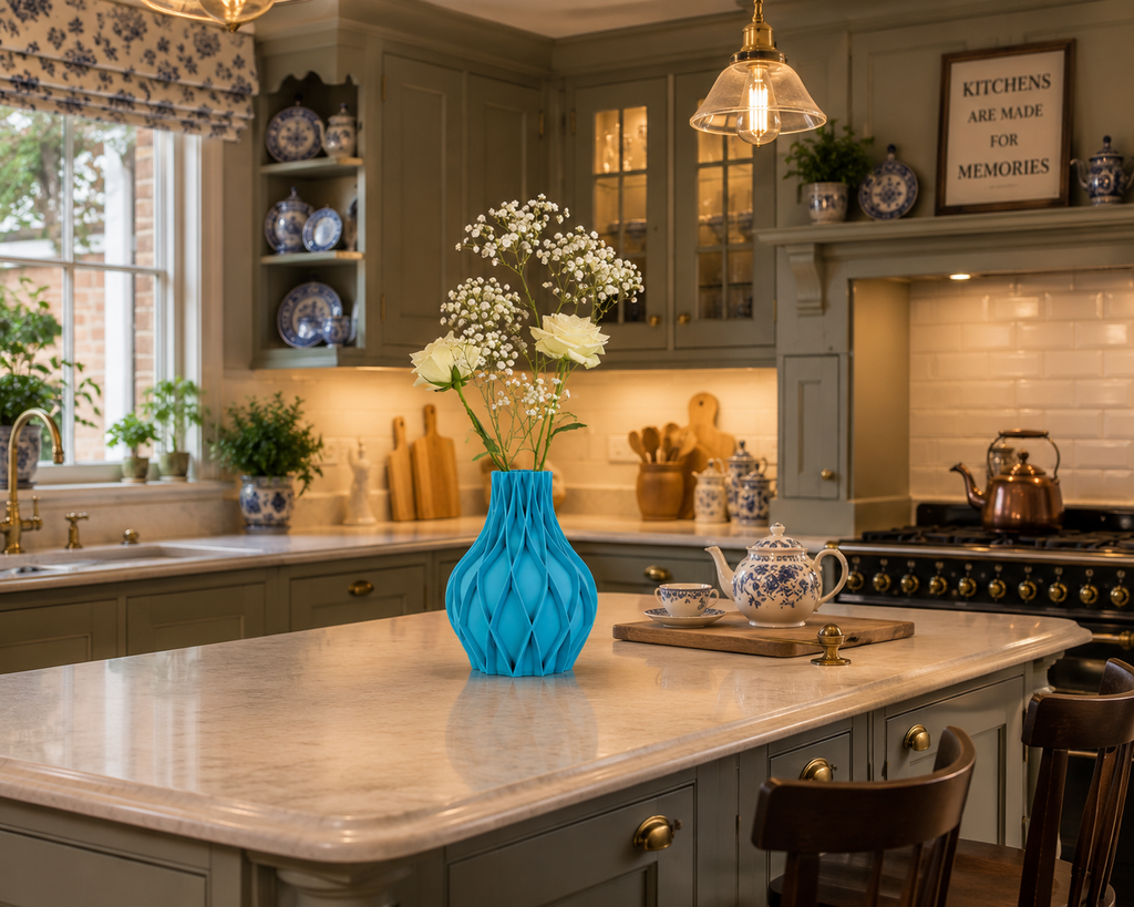 Avio geometric flower vase in teal blue with white orchids, premium handcrafted home décor by BiancoVerde3D.Studio.