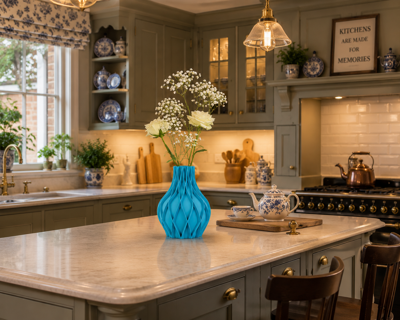 Avio geometric flower vase in teal blue with white orchids, premium handcrafted home décor by BiancoVerde3D.Studio.