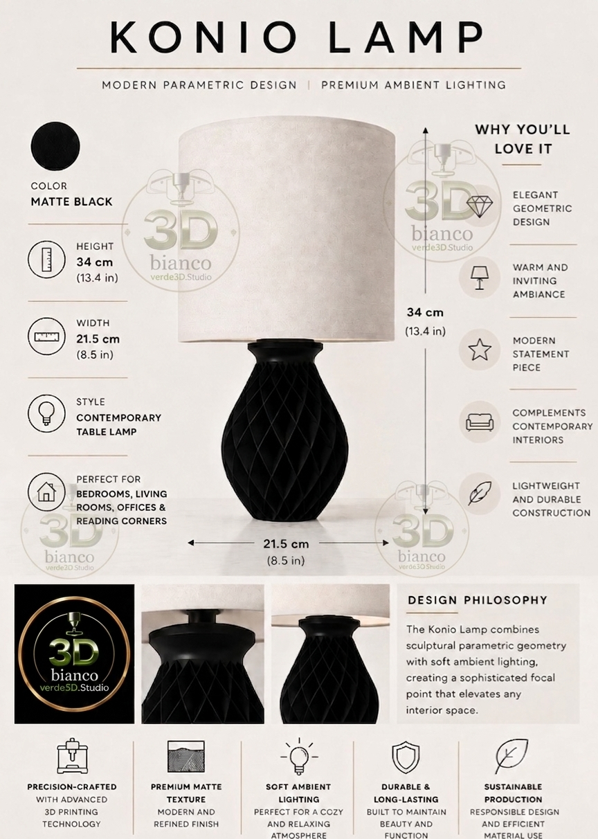 Konio Lamp – 3D Printed Parametric Table Lamp | Matte Black | Modern Home Decor