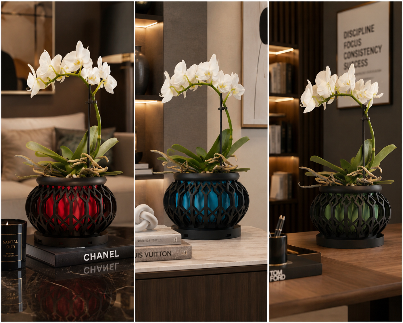 Geometric Trio Orchid Pot Set – 3D Printed Modern Flower Vases | Colourful Interiors