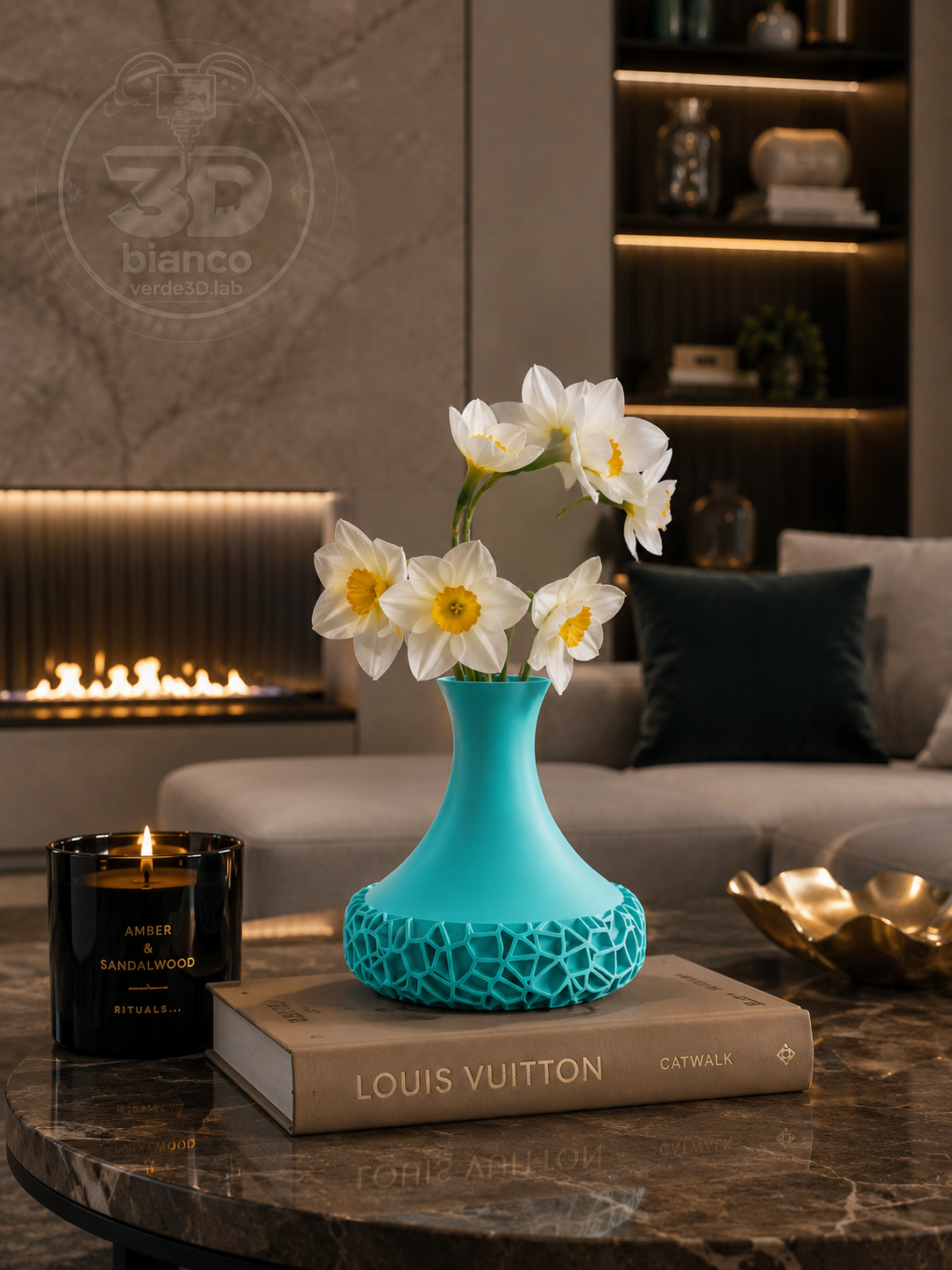 Vomo Flower Vase ,Turquoise geometric orchid vase with textured lattice base, Crafted , modern home decor