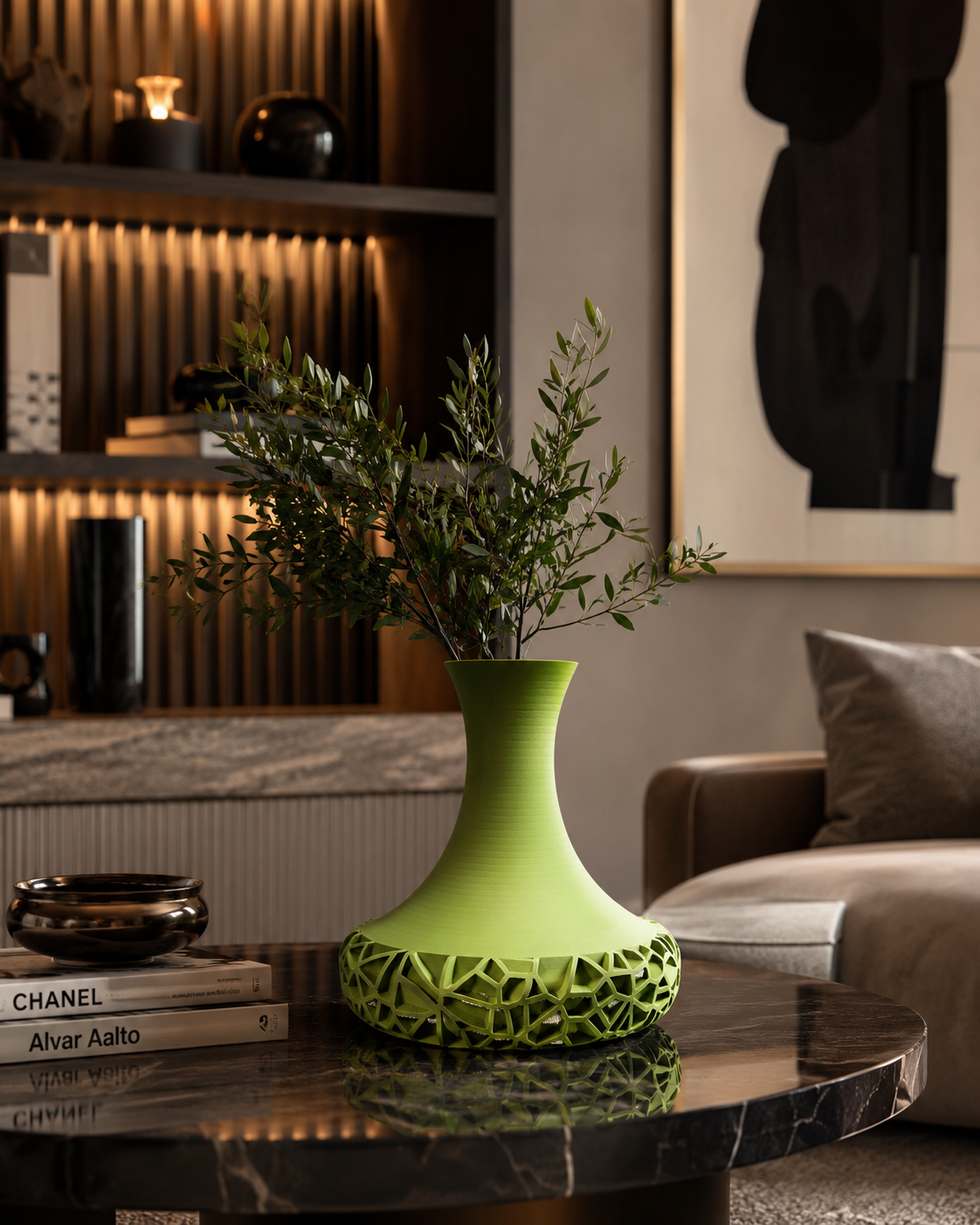 Vomo Flower Vase ,Olive Green geometric  vase with textured lattice base, Crafted , modern home decor