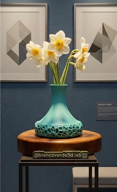 Vomo Flower Vase ,Turquoise geometric orchid vase with textured lattice base, Crafted , modern home decor